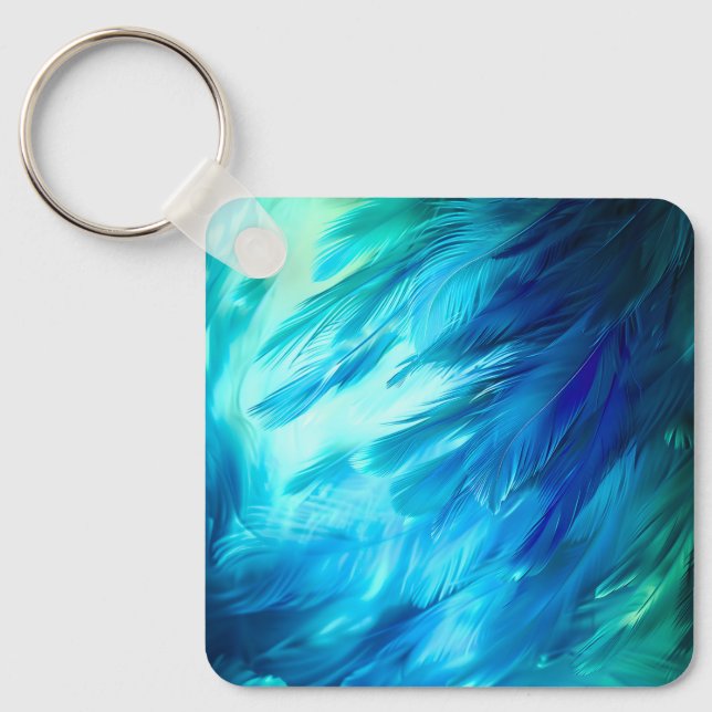 Blue Green Feather Abstract Key Ring (Front)