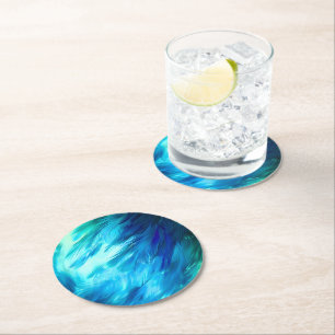 Blue Green Feather Abstract Round Paper Coaster