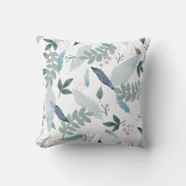 Blue Green Feather Leaves Pattern Cushion (Front)