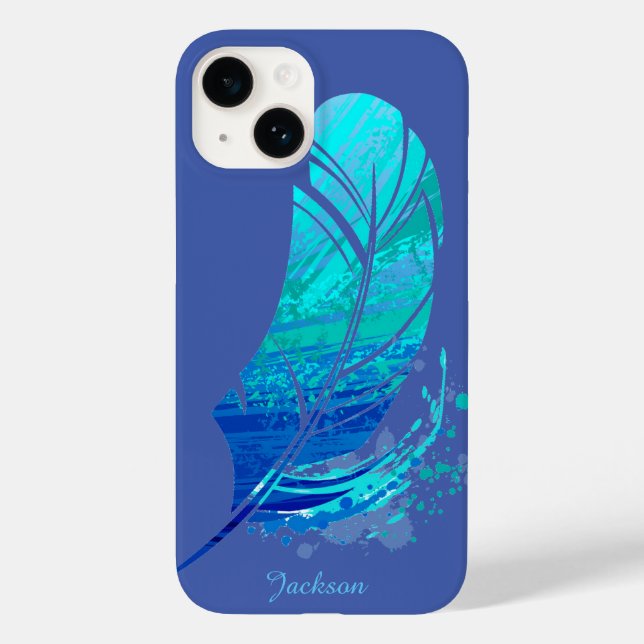 Blue Green Feather Modern Monogram Case-Mate iPhone Case (Back)