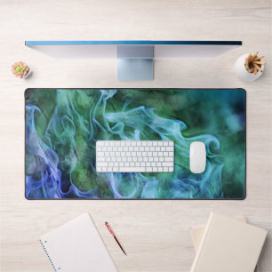 Blue Green Fire Smoke and Flames Art Desk Mat Pad