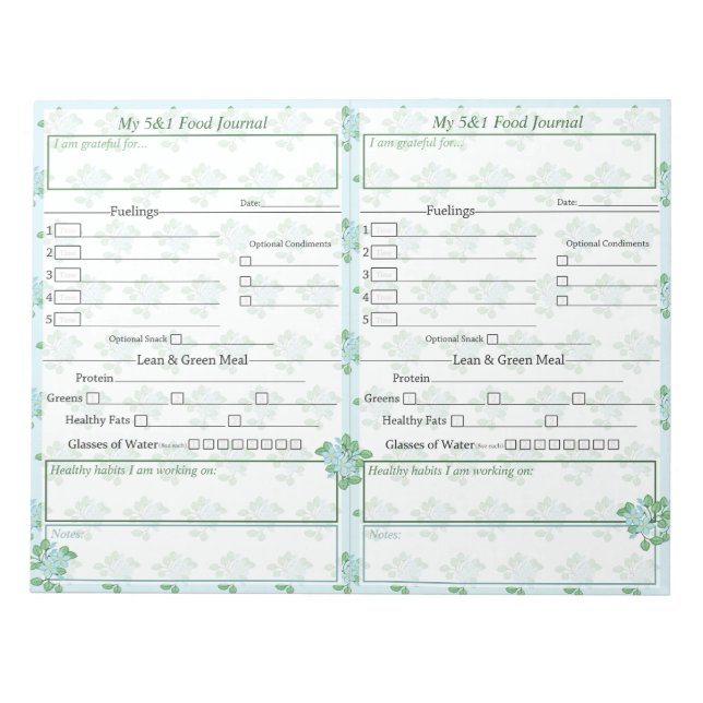 Blue | Green Floral 5 and 1 Food Journal Pages Notepad (Front)