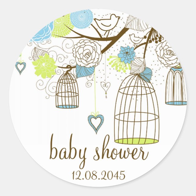 Blue & Green Floral Birdcages Baby Shower Sticker (Front)