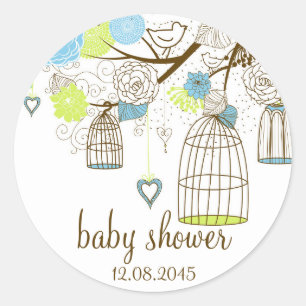 Blue & Green Floral Birdcages Baby Shower Sticker