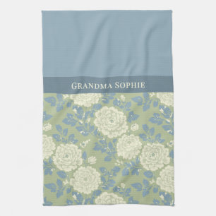 Blue Green Floral Block Print Tea Towel