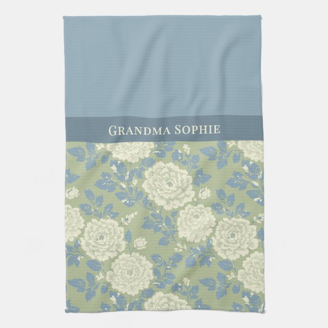 Blue Green Floral Block Print Tea Towel (Vertical)