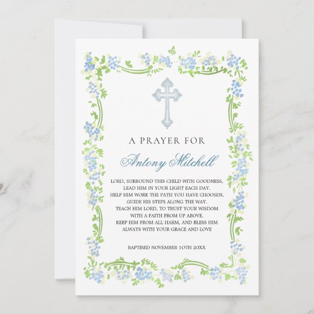 Blue Green Floral Cross Baptism Prayer Invitation (Front)