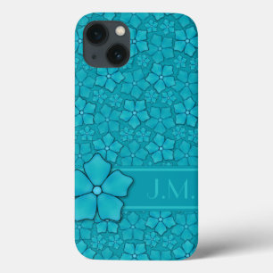 Blue green floral design Monogram Initials iPhone 13 Case