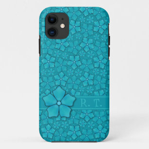 Blue-green floral design Monogram Initials iPhone 11 Case