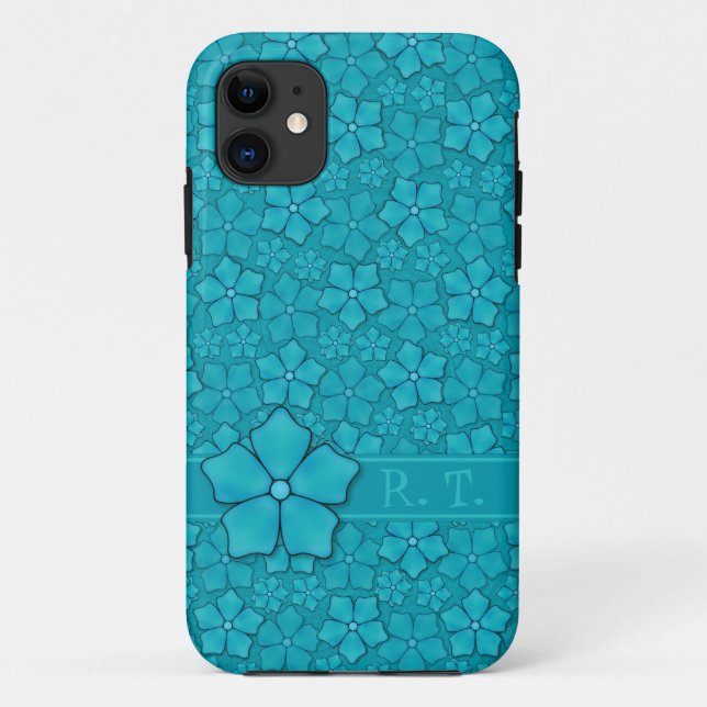 Blue-green floral design Monogram Initials Case-Mate iPhone Case (Back)