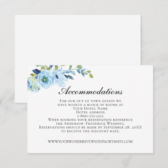Blue Green Floral Elegant Wedding Accommodations  Enclosure Card (Front/Back)