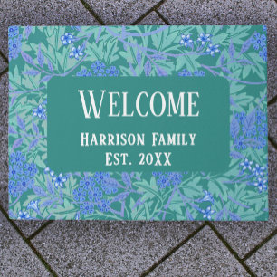 Blue Green Floral Family Name Established Welcome Doormat
