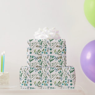 Blue Green Floral Flowers Gift for Her Watercolor Wrapping Paper