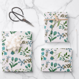 Blue Green Floral Flowers Gift for Her Watercolor Wrapping Paper Sheet