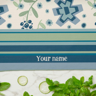Blue Green Floral Fun Chic Personalised Name Tea Towel