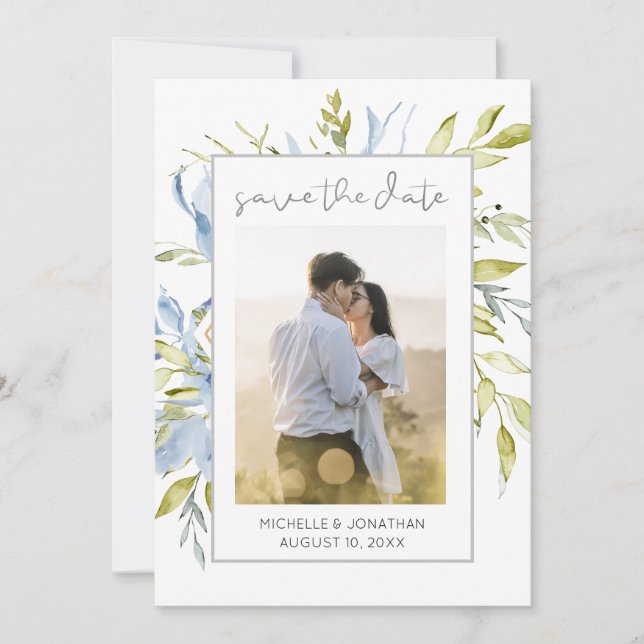 Blue Green Floral Greenery PHOTO Inspirational Save The Date (Front)
