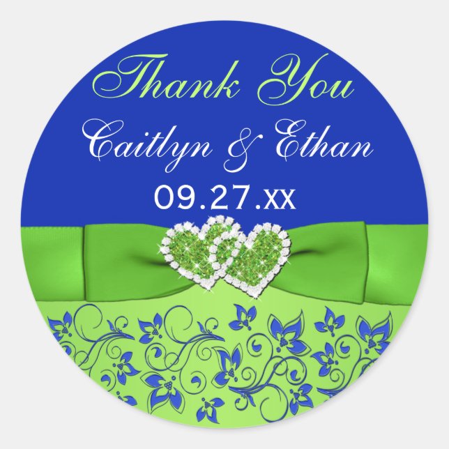 Blue, Green Floral, Hearts Wedding Favour Sticker (Front)