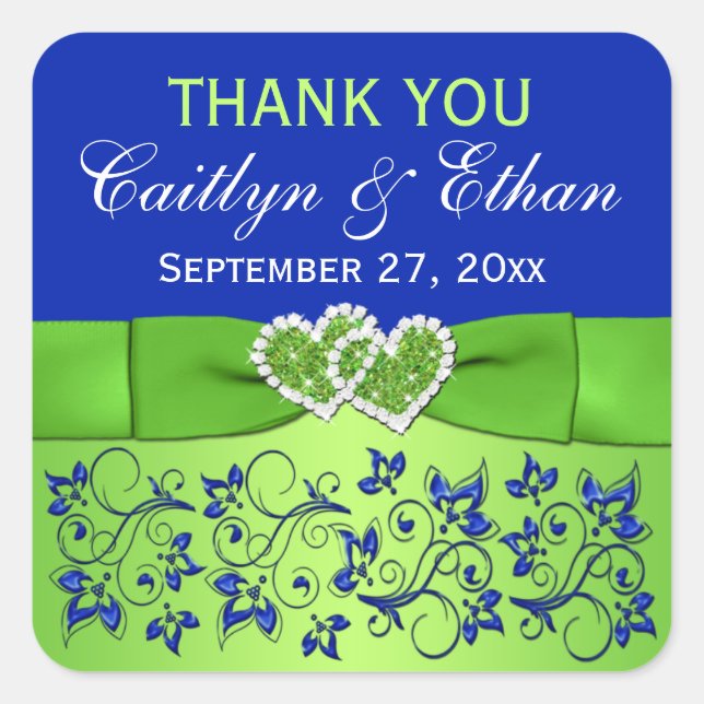 Blue, Green Floral, Hearts Wedding Favour Sticker (Front)