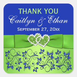 Blue, Green Floral, Hearts Wedding Favour Sticker