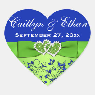 Blue, Green Floral, Hearts Wedding Favour Sticker