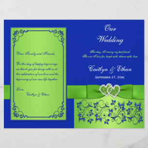 Blue, Green Floral Hearts Wedding Program