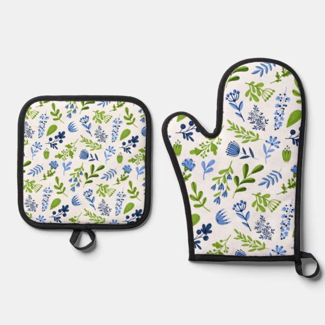 Blue & Green Floral Pattern Oven Mitt & Pot Holder Set (Front)
