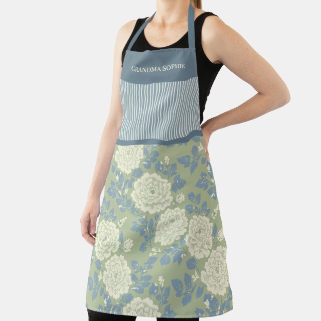 Blue Green Floral Personalised Block Print Stripe Apron (Insitu)