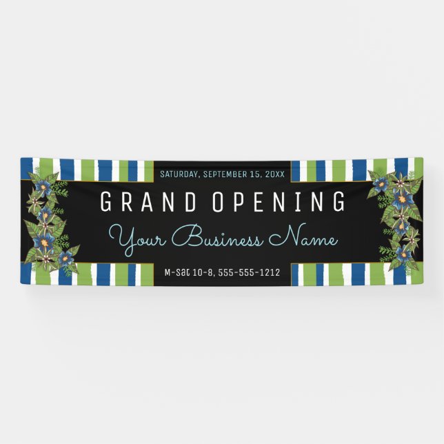 Blue Green Floral Stripes Grand Opening Business Banner (Horizontal)