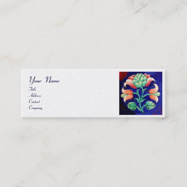 BLUE GREEN FLORAL Stylised Pink Flower White Pearl Mini Business Card (Front)