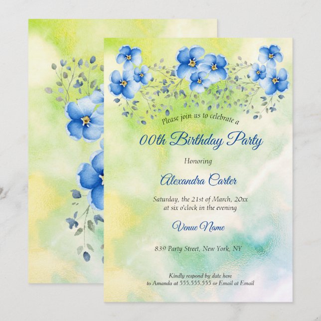 Blue Green Floral Watercolor Birthday Party Invitation (Front/Back)