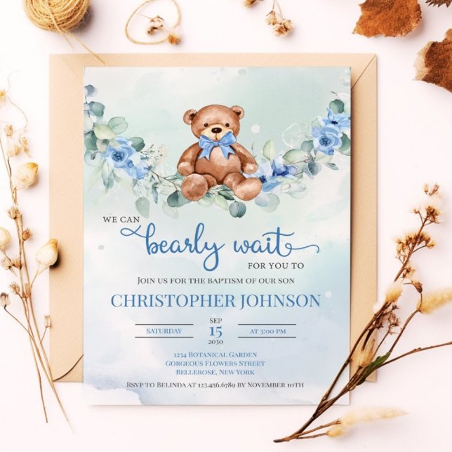 Blue Green Floral Watercolor Teddy Bear Baptism Invitation (Creator Uploaded)