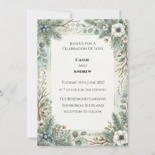 Blue Green Floral Wedding Invitation
