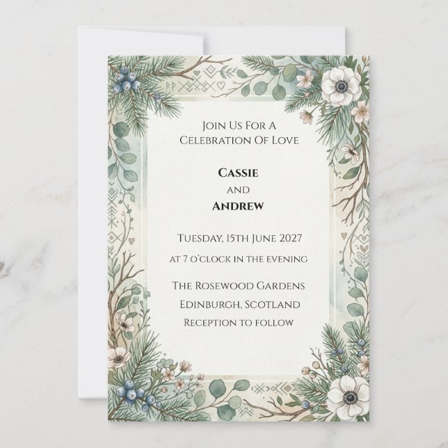 Blue Green Floral Wedding Invitation (Front)