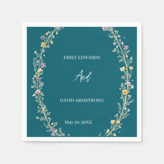 Blue Green Floral Wedding Napkins (Front)