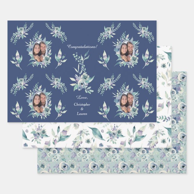 Blue Green Floral Wedding Photo Template Wrapping Paper Sheet (Set)