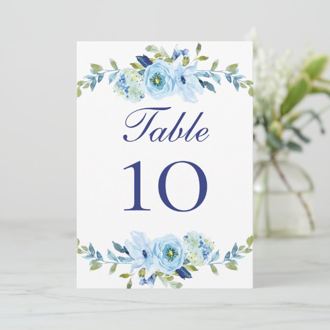 Blue Green Floral Wedding Table Number Cards (Standing Front)
