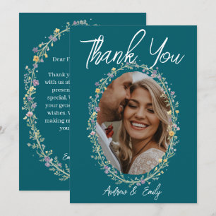 Blue Green Floral Wedding Thank You Card