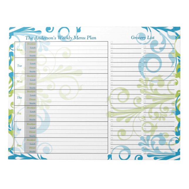 Blue Green Floral Weekly Personalised Menu Plan Notepad (Front)