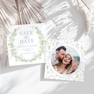 Blue green flower Save the Date photo invitation