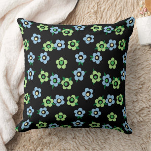 Blue green flowers on black background retro cushion