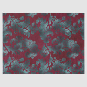 Blue Green Flowers on Wine Red Decoupage Tissue Paper