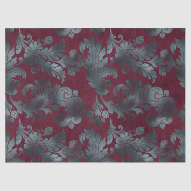 Blue Green Flowers on Wine Red Decoupage Tissue Paper (Front)