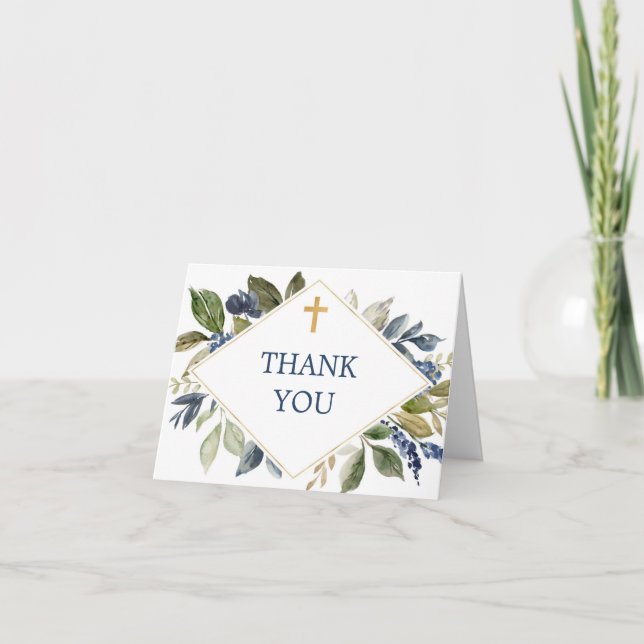 Blue green foliage baptism first communion cross thank you card (Front)