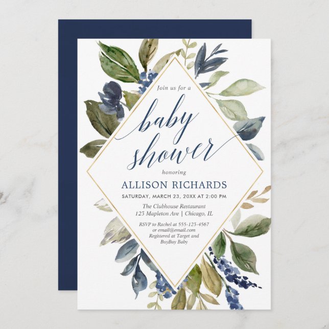 Blue green foliage boy baby shower geometric invitation (Front/Back)