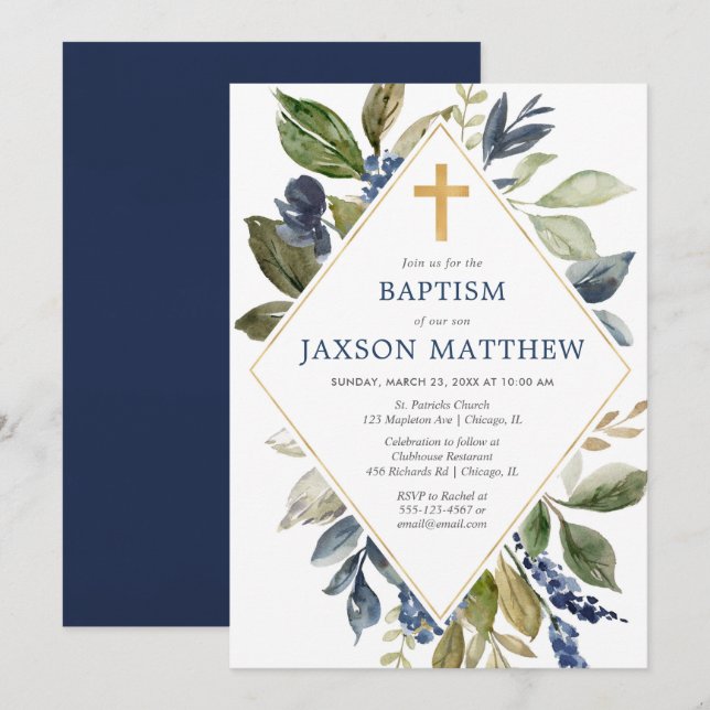 Blue green foliage boy baptism greenery invitation (Front/Back)