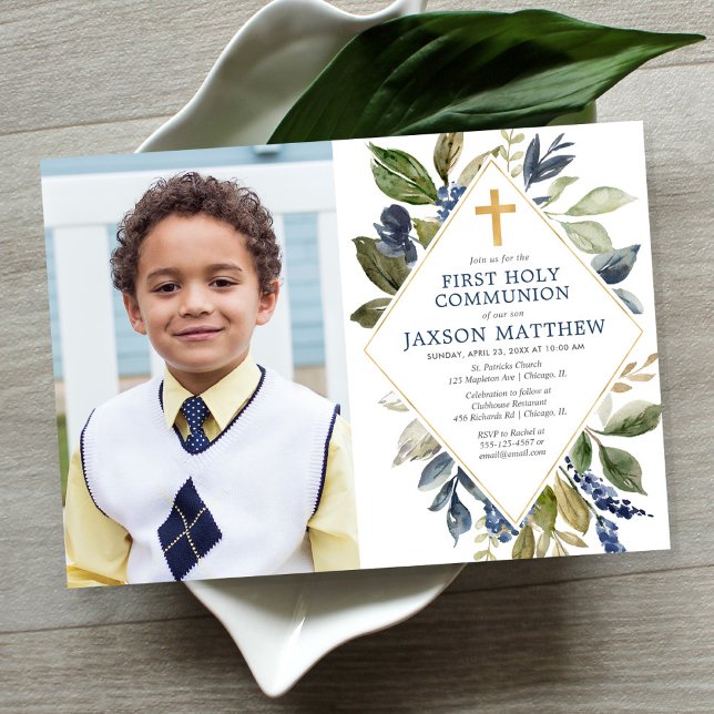 Blue green foliage boy first holy communion photo invitation (Creator Uploaded)