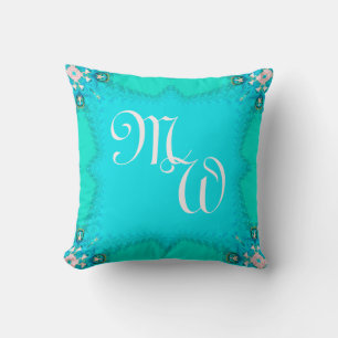 Blue Green Fractal Lace Monograms Cushion Pillow