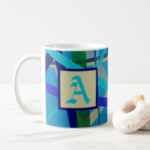 Blue & Green Geometric Pattern Monogram Coffee Mug