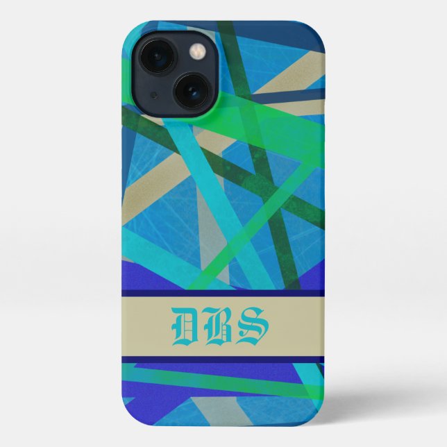 Blue & Green Geometric Pattern Monogram iPhone Case (Back)