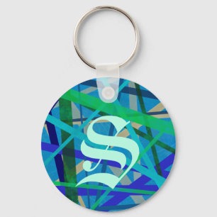 Blue & Green Geometric Pattern Monogram Key Ring